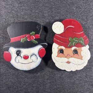 Vintage Wooden Santa & Frosty Snowman 8” 80s Christmas Decor Jar Lid